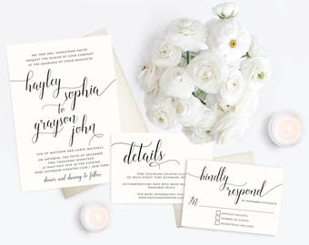 Classic Wedding Invitation Suite Romantic Calligraphy Printable Wedding Invite Set, Simple Chic Timeless Invitations, Elegant Wedding Suite