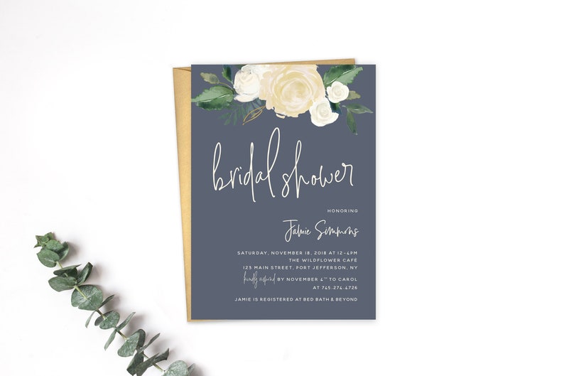 Fall Bridal Shower Invitation Printable Wedding Invite Blue Fl Recipe Card Poem Navy Printed
