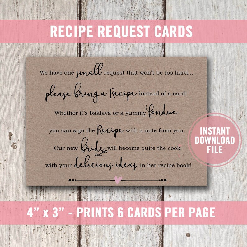 Bridal Shower Invitation Recipe Poem For Bride Insert Rustic Wedding Brown Paper Card Instant