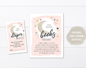 Baby Shower Invitation Activity, Printable Book Request for Baby, Moon and Stars Baby Shower Diaper Raffle Card,  Baby Girl Instant Download