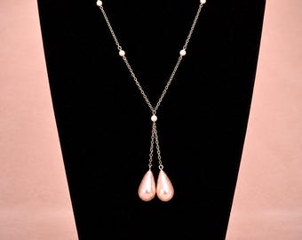 Mint Vintage Czech Pink Glass Pearl Negligee Necklace, Art Deco 1920s Rosaline Glass Lavalier, 31 Inch Continuous Overhead Drop Pendant