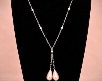 Mint Vintage Czech Pink Glass Pearl Negligee Necklace, Art Deco 1920s Rosaline Glass Lavalier, 31 Inch Continuous Overhead Drop Pendant