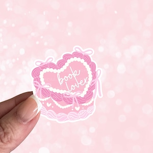 Coquette Light Pink Bow Book Lover Cake Sticker | Girlie Kindle Sticker | Bookish Sticker | Bookish Sticker | Book Lover Sticker |Heart Cake