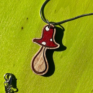 Wood Mushroom Pendant Necklace Hand Made Gift for Nature Lover Jewelry