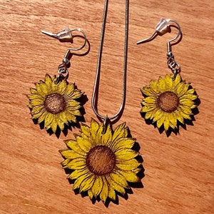 Wood Sunflower Necklace and Earring Set Hand Made Jewelry Gift Set