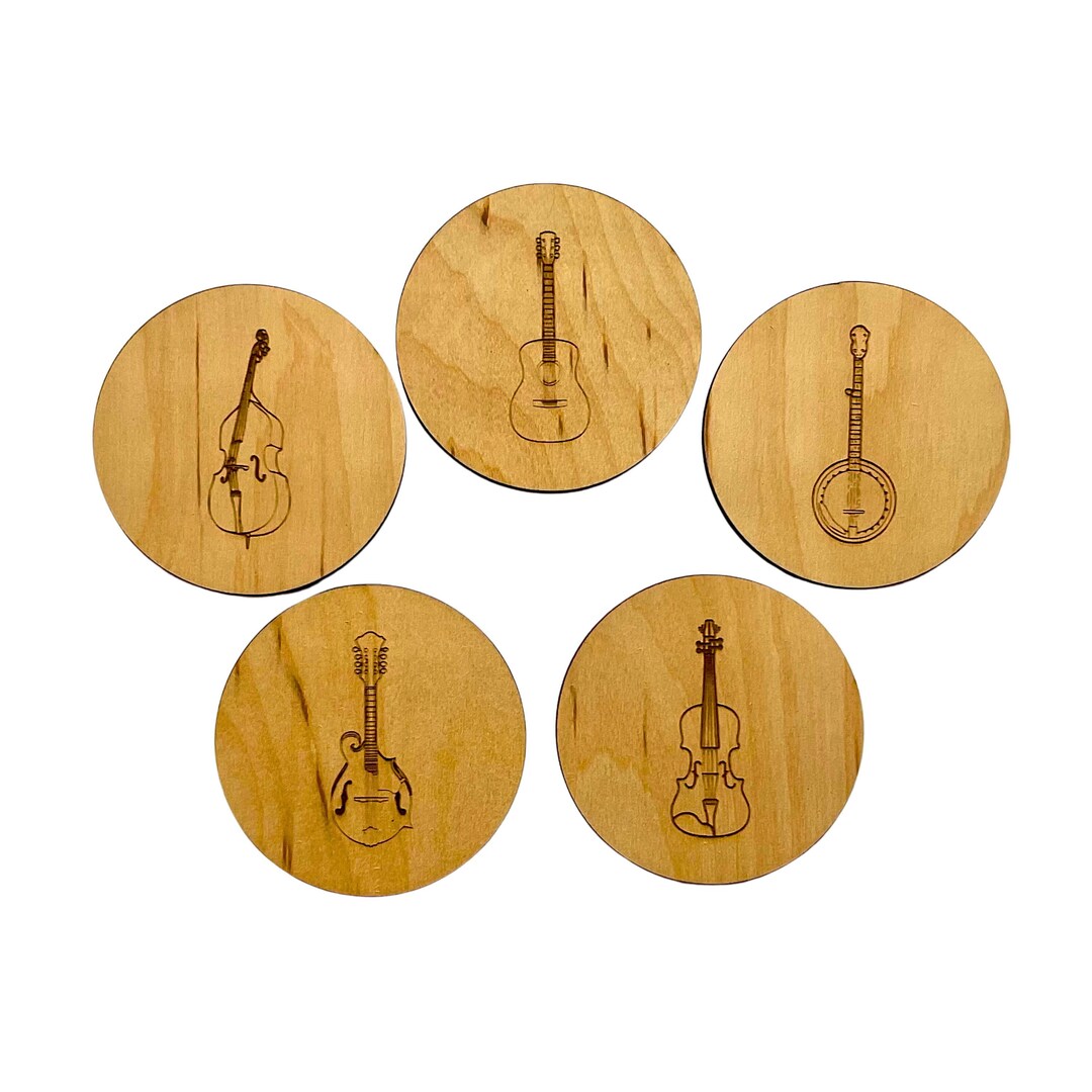 Bluegrass Instrument Wood Coasters: Laser-engraved Music Decor, Set of ...