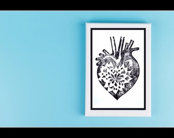 Love&#39;s Anatomy Wood Cut Lithograph Print - Black Variant - 8x10 Wall Art Handmade Gift Original Art Print