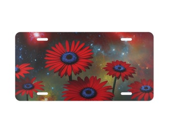 Billy Strings Vanity Plate, Red Daisy Car Decoration, BMFS Fan Art, Red Daisies with Starry Sky Background