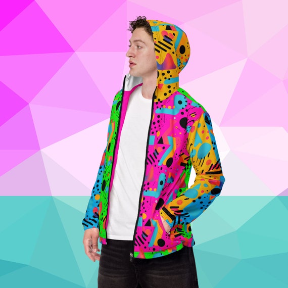 Neon 90s Men's Windbreaker, Vibrant Retro Jacket, Water