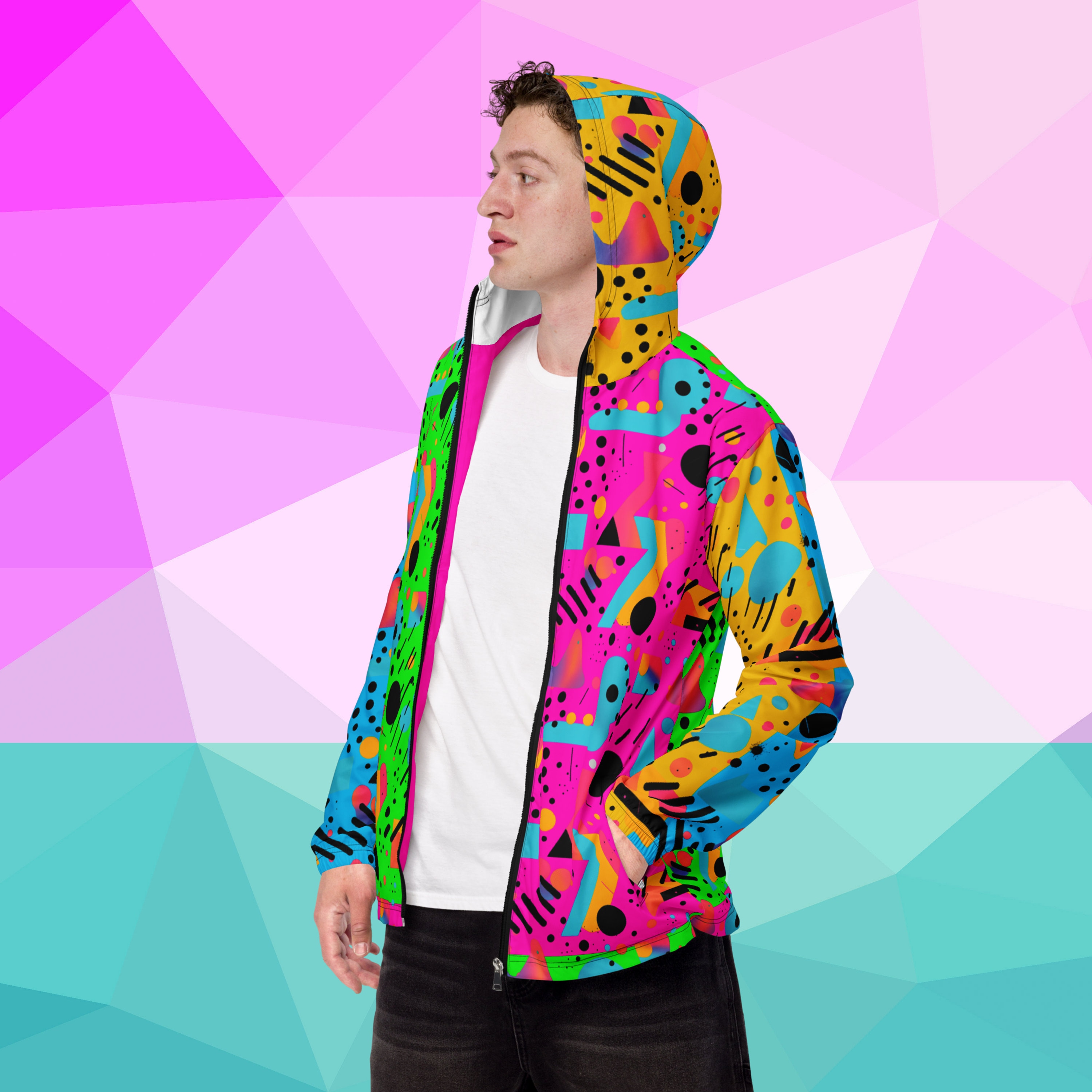 Neon 90s Men's Windbreaker, Vibrant Retro Jacket, Water