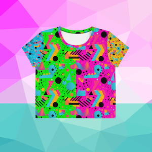 Neon 90s Crop Tee, Vibrant Retro Crop Top, Eco-Friendly Women&#39;s T-Shirt, Sizes(XS-2XL), Abstract Design On Bold Color Background