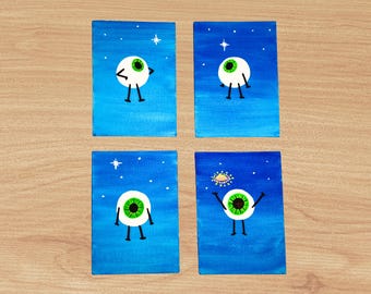 Mini Eyeball Painting Set of 4, Canvas Panels 4&#39;&#39;x7&#39;&#39;, Black Light Reactive Decor, Hand Painted Gift