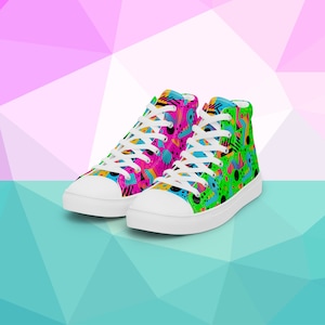 Neon 90s Women’s High Top Canvas Shoes, Vibrant Retro High-Top Sneakers, Abstract Design On Bold Neon Pink and Green Background