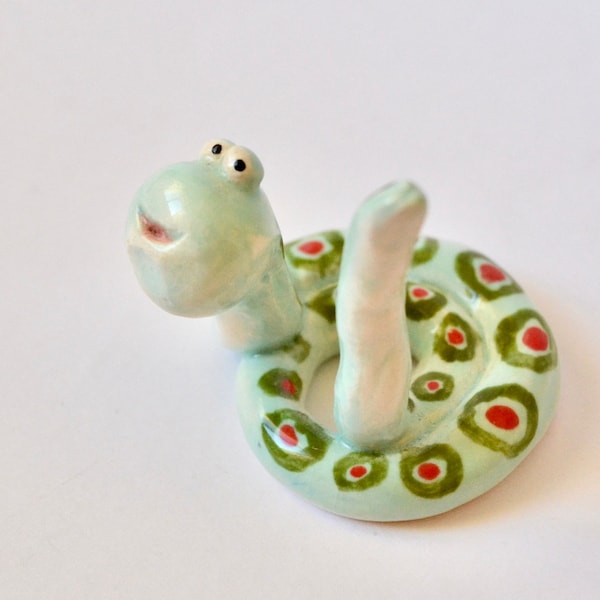 Ace the Ring Worm - Jewelry Ring Holder - aqua green & red dots - unique ceramic art figure - cute ooak original design by Art Farm