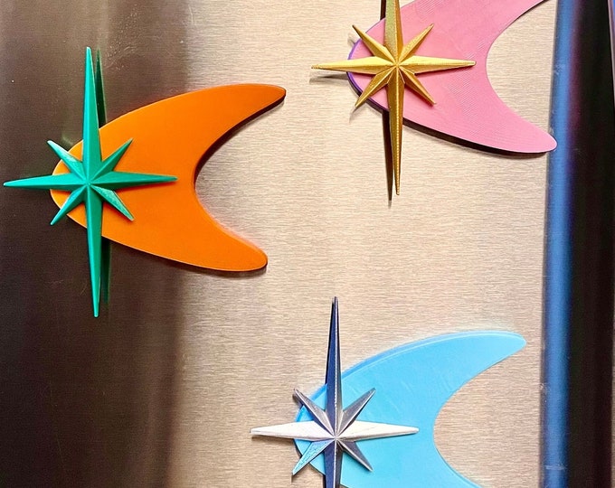 Mid Century Modern Boomerang Magnets, Retro Atomic Starburst, 1960s MCM Kitchen Decor, Vintage Fridge Magnet
