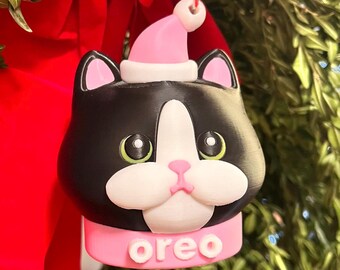 Custom Cat Christmas Ornament with your cats name, tuxedo cat, cat lover gift