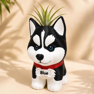 May include: A black and white husky-shaped planter with blue eyes, a red collar, and a white bone-shaped tag featuring the text Blue. A small green air plant is positioned in the opening at the top of the husky's head, completing the figure.
