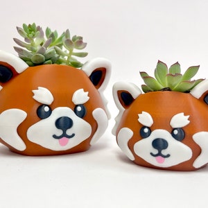 Puede incluir: Dos macetas de panda rojo con detalles blancos y ojos negros. La maceta más grande tiene una planta suculenta dentro. La maceta más pequeña está vacía.