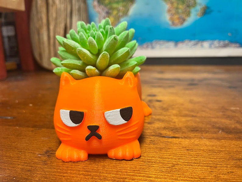 以下が含まれることがあります： 怒った表情をしたオレンジ色の猫の形をしたプランターに、小さな緑色の多肉植物が入っています。