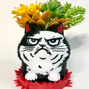 May include: A black and white cat-shaped planter with an angry expression, featuring red accents on the ears and a red spiky base. The planter holds yellow and green artificial succulents, creating a unique decorative piece.