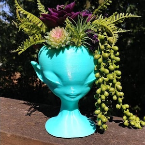 May include: A turquoise blue planter shaped like a face with a variety of succulents and greenery growing inside. The planter has a smooth, glossy finish.