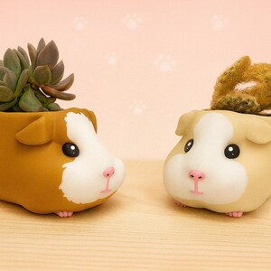 May include: Two guinea pig-shaped plant pots, one brown and one tan, each with a white face and pink nose. The brown pot holds a succulent, the tan one a cactus. The pots sit on a wooden surface.