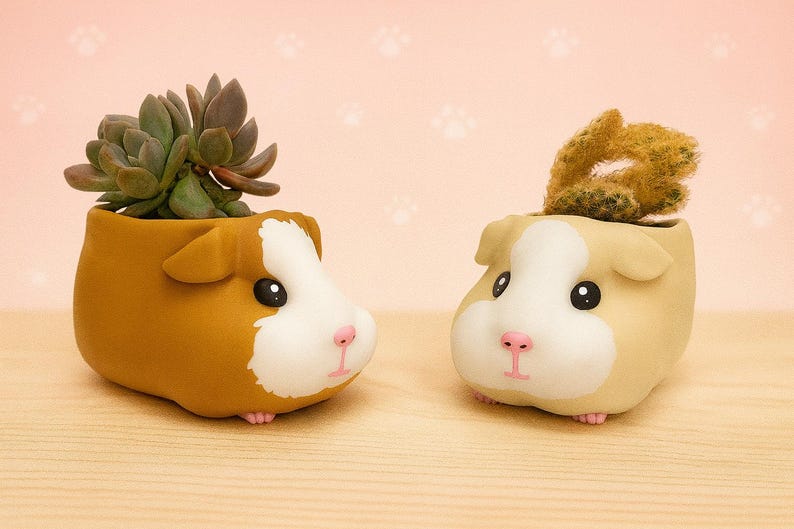 May include: Two guinea pig-shaped plant pots, one brown and one tan, each with a white face and pink nose. The brown pot holds a succulent, the tan one a cactus. The pots sit on a wooden surface.