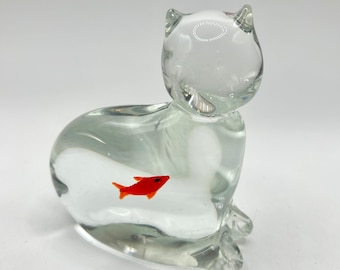 Vintage Paperweight, Glass Paperweight, Murano Style Paperweight, Cat Paperweight, Cat and Goldfish, Kitten Home Decor, Cat Lover Gift Idea