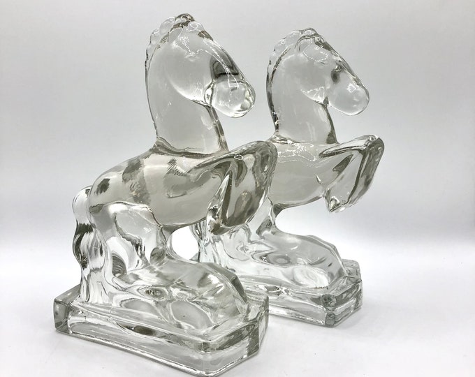 Vintage Glass Bookends, LE Smith Bookends, Glass Horse Bookends, Clear
