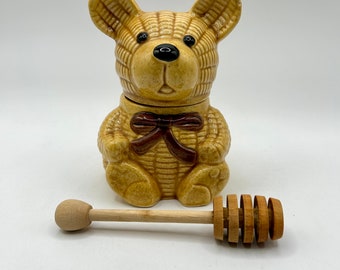 Vintage Honey Pot, Ceramic Bear Honey Pot, Ceramic Wicker Look Bear, Honey Pot with Wood Dipper, Teddy Bear Honey Pot, Bear with Bow