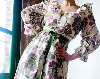 70er Jahre Folklore Blumen Maxi Kleid