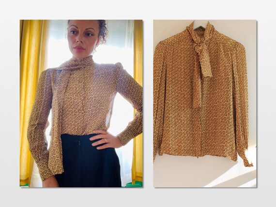 1970s Crepe Mustard Yellow Bow Blouse