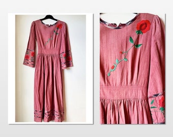 Rose Embroidered Cotton 'peasant' Midi Dress