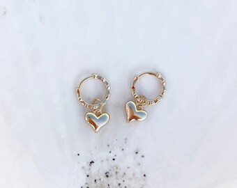 Mini Heart Hoops, mini dangle hoops, tiny gold hoops, minimalist hoops, heart hoops, gold minimalist hoops