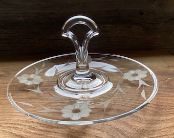 Vintage Etched Glass Serving Tray: Floral Design, 9&quot; Diameter