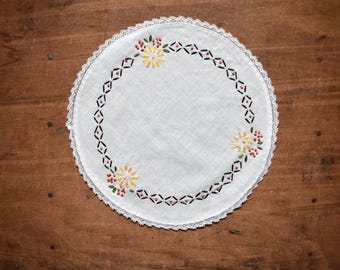 Hand Embroidered Vintage Linen Doily,  Mustard & Rust Flowers, Vintage Embroidery