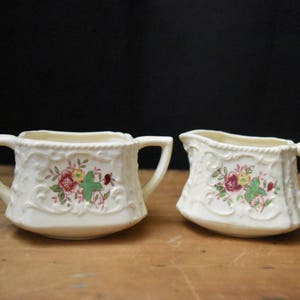 Vintage Sugar and Creamer Set: Embossed Ivory with Burgundy Flowers