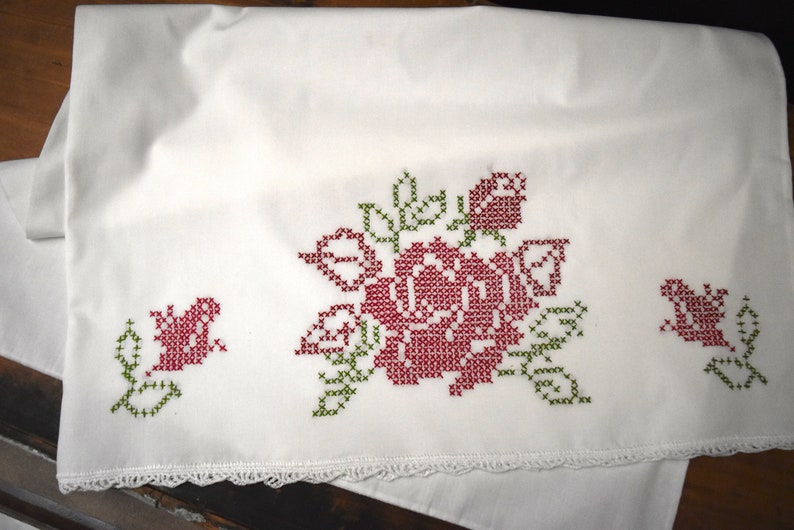 Vintage Embroidered Pillowcase Set Cross Stitch Rose Pillowcases Hand Embroidered Pillowcases Set of Embroidered Pillowcases