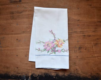 Vintage Cross Stitch Towel: Hand Stitched Roses, Ivory Linen