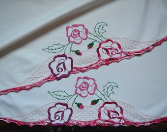 Hand Embroidered Pillowcase Set - Vintage Embroidered Pillowcases - Vintage Embroidery - Standard Pillowcase Set