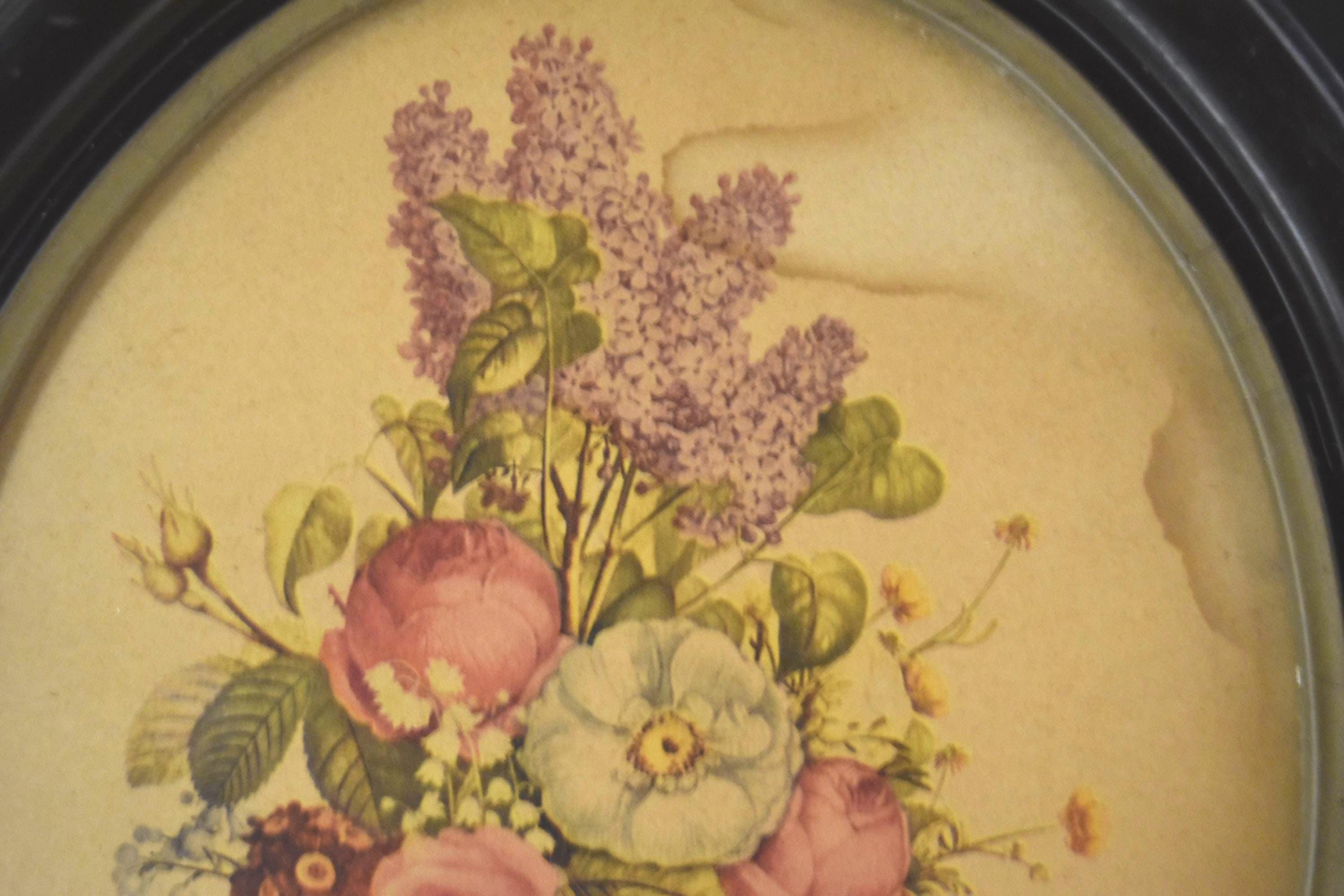 Vintage Jean Louis Prévost Floral Print: Pink Roses in Oval Frame ...