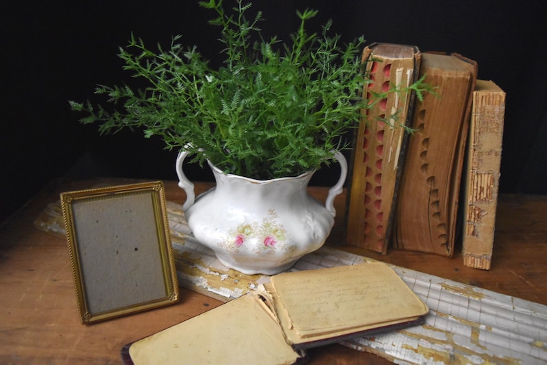 May include: A still life arrangement featuring a white porcelain vase with green foliage, antique books, a gold-framed picture, and an open vintage book. The vase has pink floral accents. The scene is set on a wooden surface.