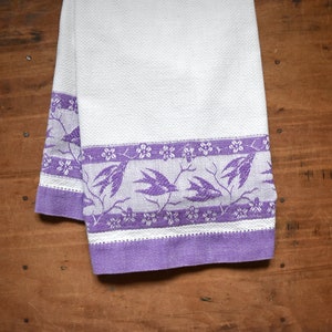 Vintage Huckaback Kitchen Towel: Purple Bird & Floral Linen