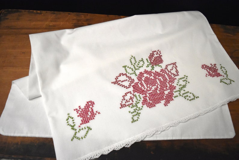 Vintage Embroidered Pillowcase Set Cross Stitch Rose Pillowcases Hand Embroidered Pillowcases Set of Embroidered Pillowcases