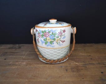 Vintage Hand Painted Floral Biscuit Jar, Japan, Rattan Handle