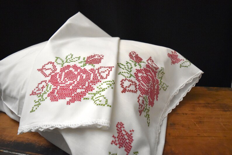 Vintage Embroidered Pillowcase Set Cross Stitch Rose Pillowcases Hand Embroidered Pillowcases Set of Embroidered Pillowcases