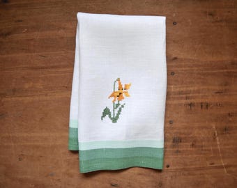 Vintage Linen Guest Towel: Hand Embroidered Cross Stitch Flower