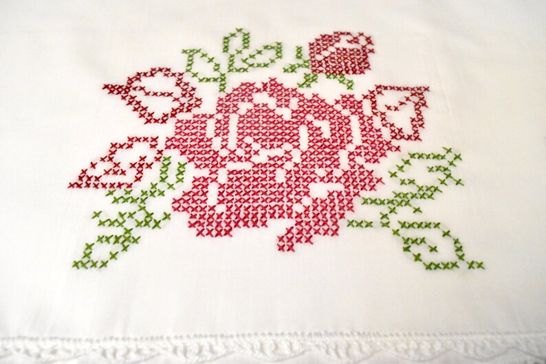 Vintage Embroidered Pillowcase Set Cross Stitch Rose Pillowcases Hand Embroidered Pillowcases Set of Embroidered Pillowcases