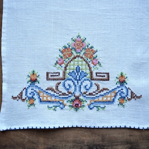 Vintage Cross Stitch Linen Doily: Hand Embroidered Floral Table Decor