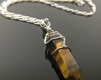 Tigerögahalsband, helande kristallhalsband, trådlindat, unisex hipstersmycken, hippie